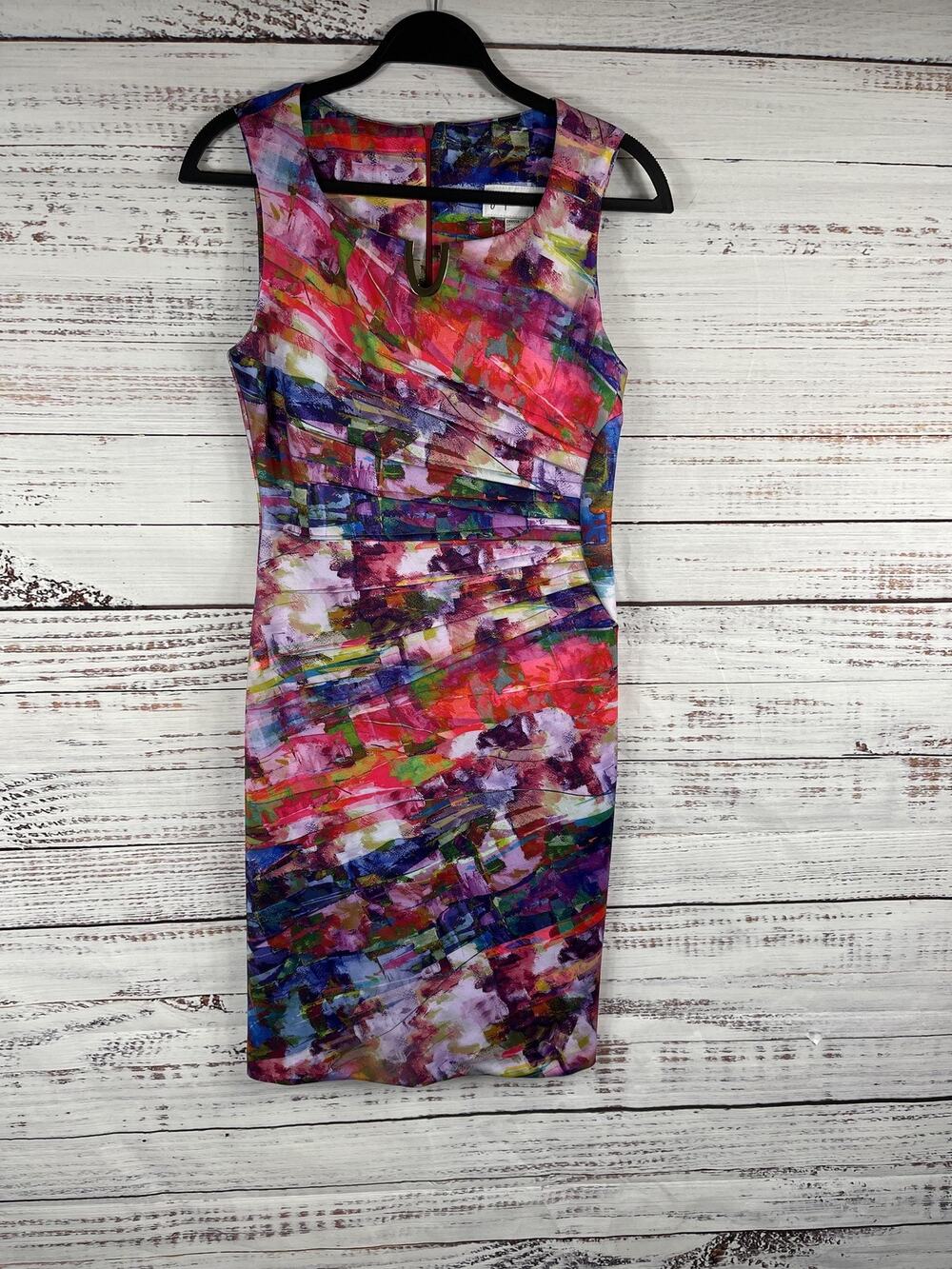Joseph Ribkoff Dress Women's 8 Multicolor Abstract Sheath Sleeveless Ruched Work